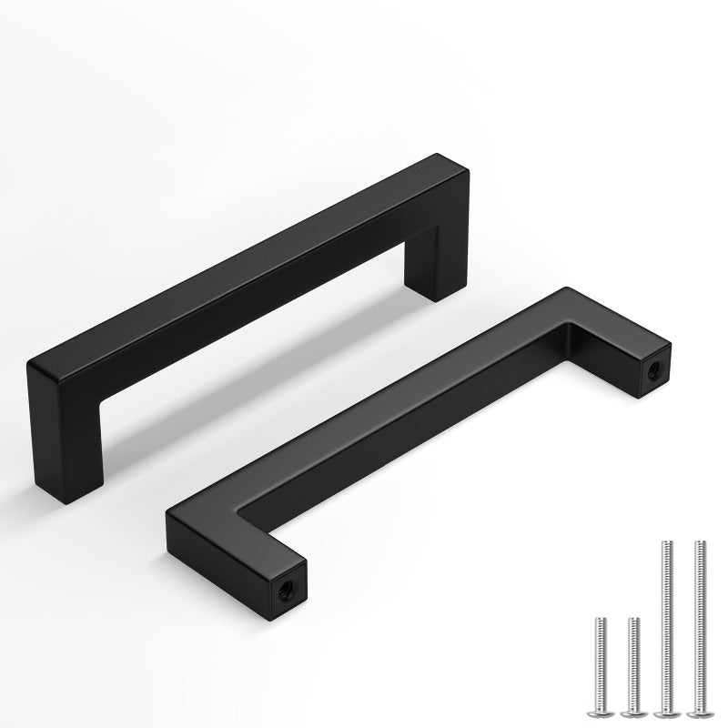 homdiy 5 Pack Matte Black Cabinet Pulls 4-1/2 Inch Black Cabinet Pulls Stainless Steel Drawer Dresser Handles Drawer Handle Stainless Steel Dresser Hardware Center to Center 115mm Square Bar Hardware - Image 1